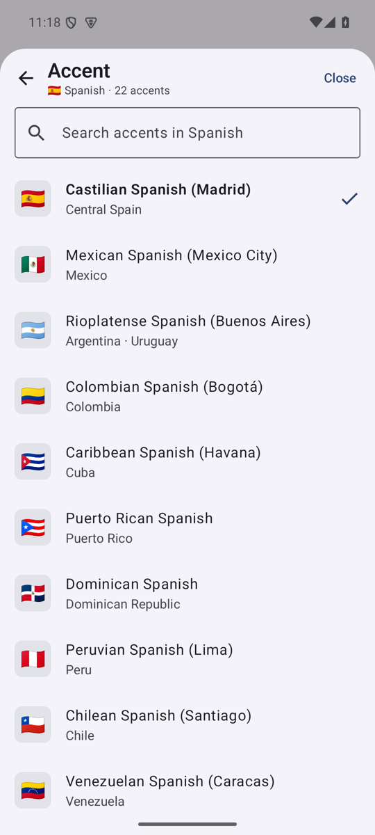 Accent picker listing Spanish regional varieties
