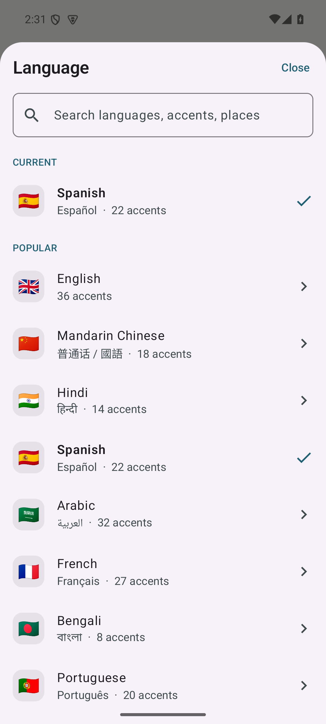 Language picker with Popular and regional sections