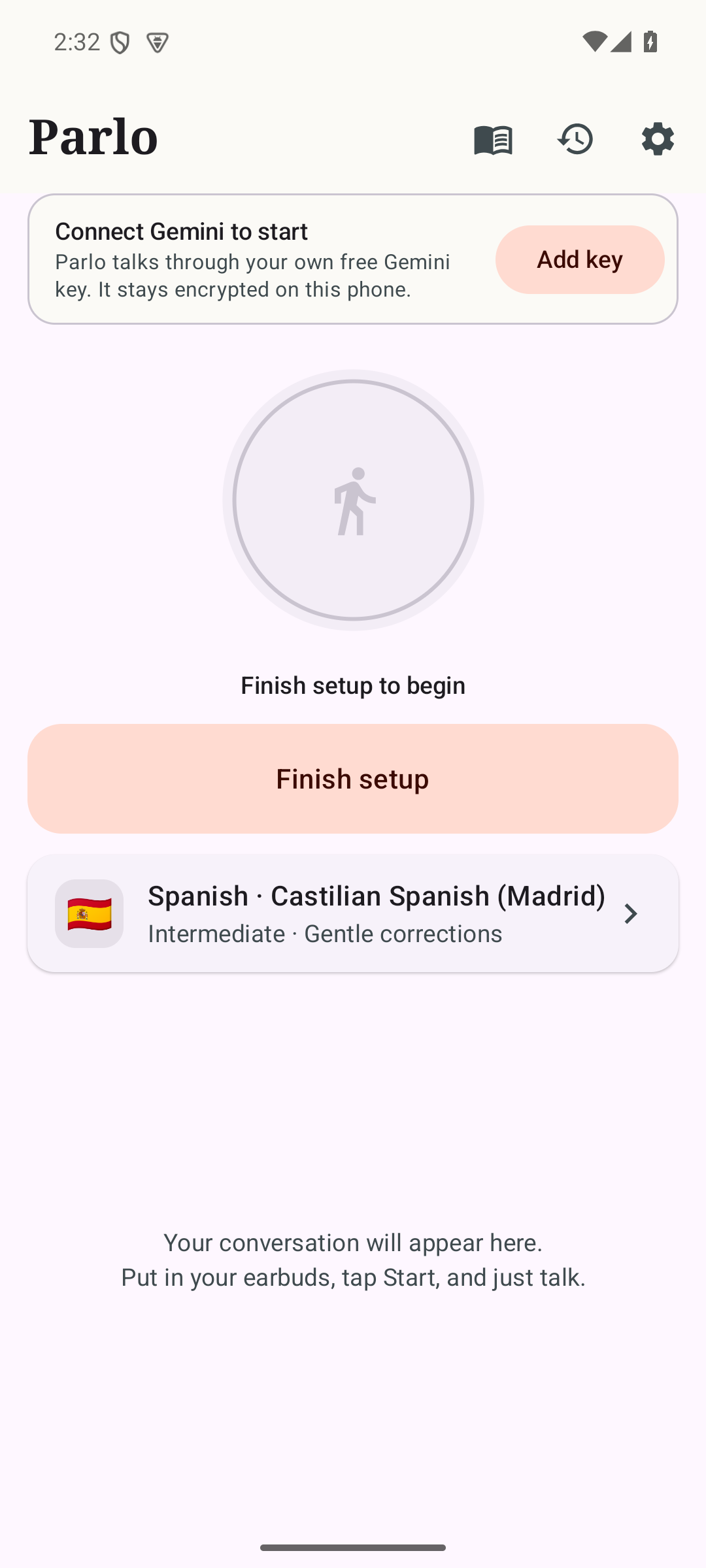 Parlo home screen with the Start orb and today's walk card