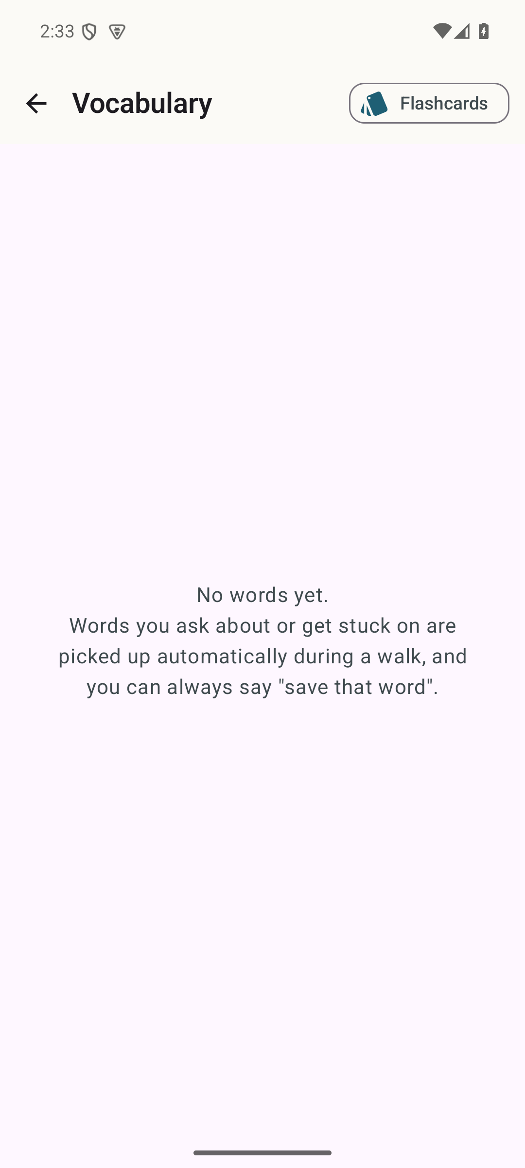 Vocabulary screen with auto-captured suggestions on top