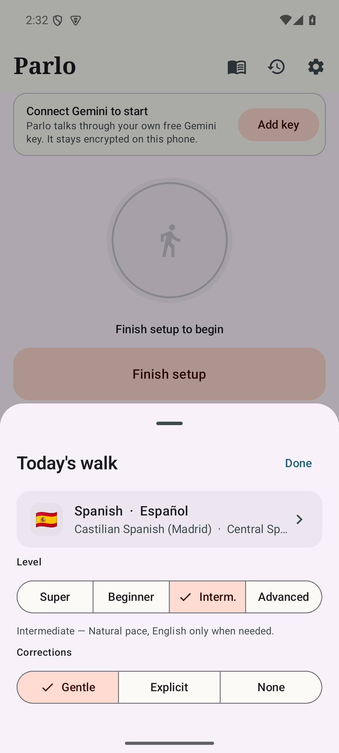 Parlo mid-walk: live transcript of a Spanish conversation with the tutor